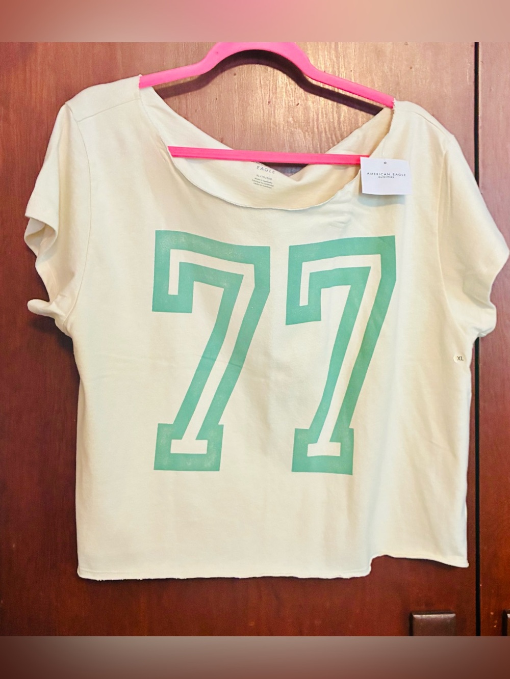 American Eagle Outfitters Cream Tee with Mint Green '77' Print